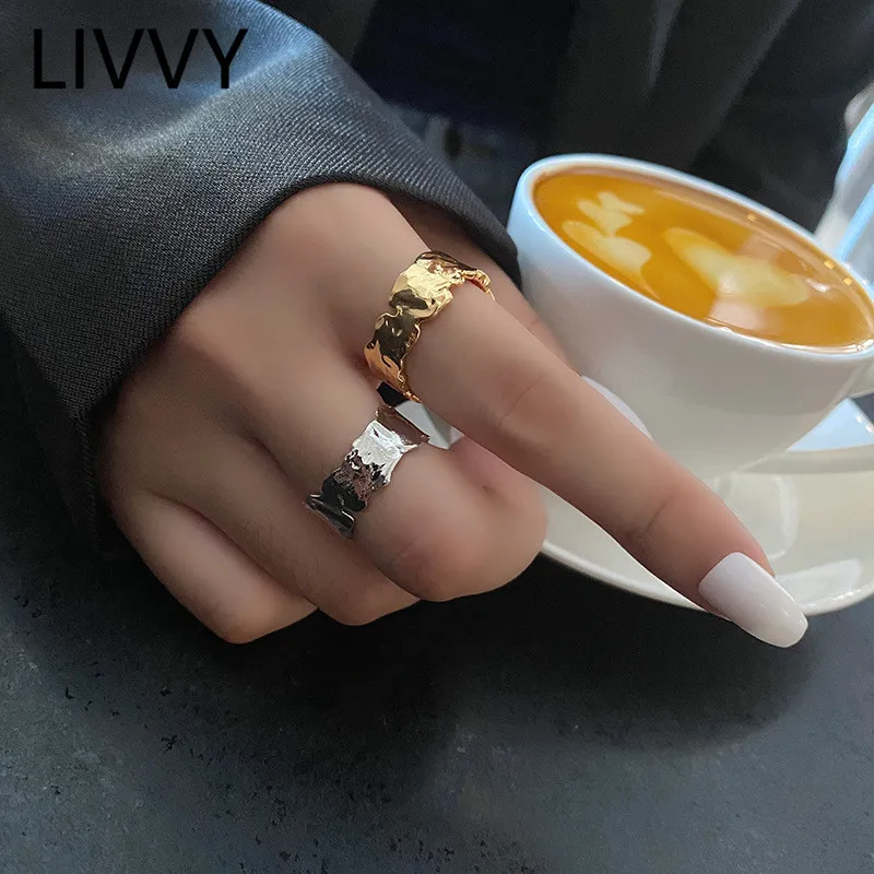 

LIVVY Silver Color New Tinfoil Paper Pattern Ring Women Couple Irregular Unique Design Texture Fashion Trend Party Jewelry Gift