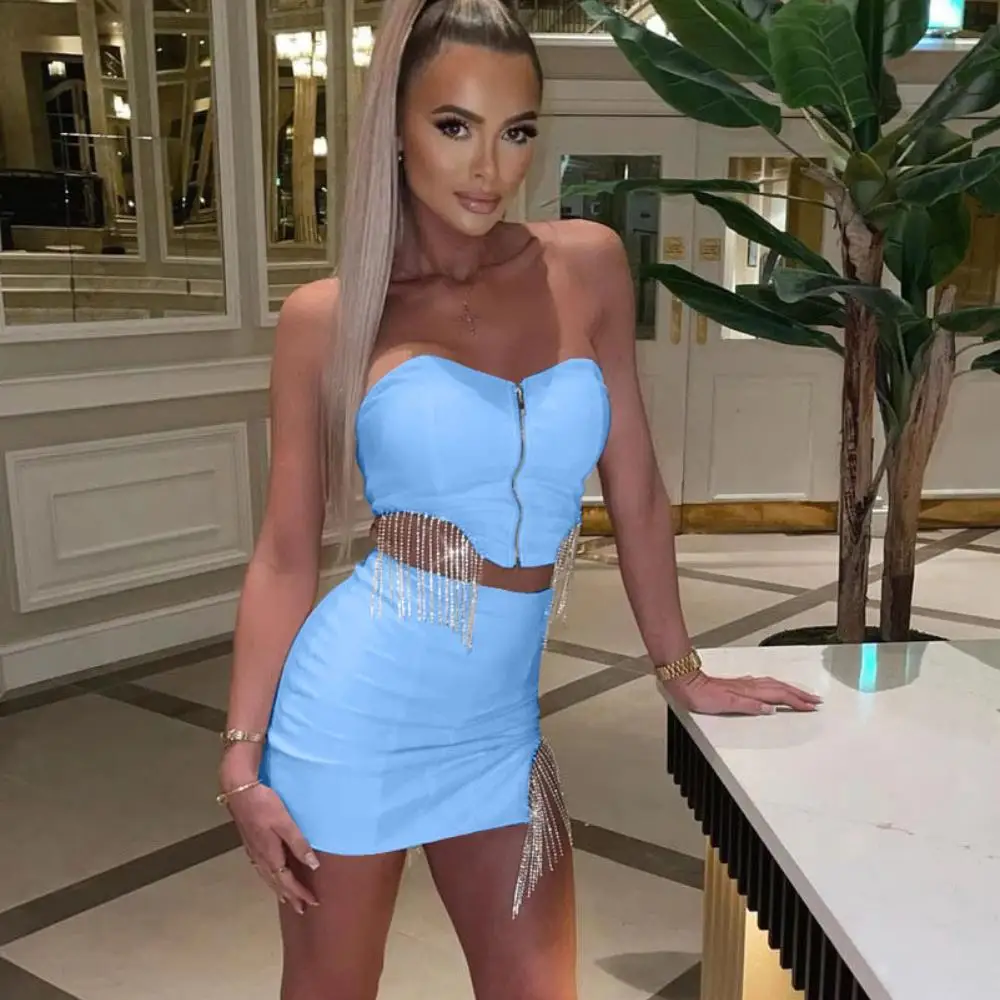 

Летний женский костюм с юбкой 2021 года, Соблазнительная короткая вечерние ка с бахромой и бриллиантами на груди из двух частей, вечерняя обле...