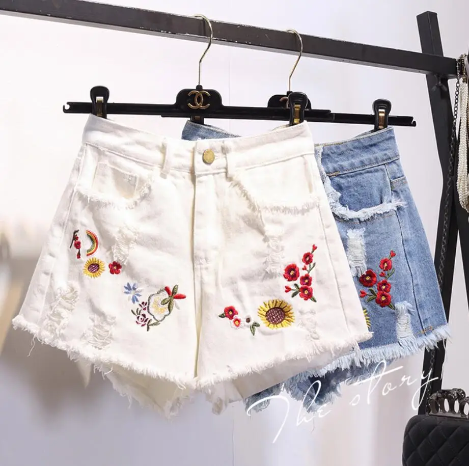 

2020 summer Flower Embroidery High Waist Denim Shorts Women Fringe Pocket Hole Shorts Jeans Plus Size S-5XL q658