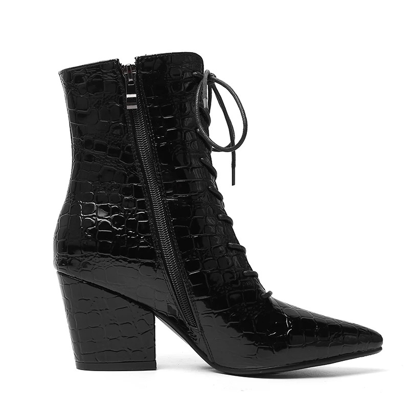 WETKISS High Heels Motorcycle Boots Women Emboss Pu Ankle Boot Female Lace Up Shoes Ladies Pointed Toe Winter 2020 | Обувь