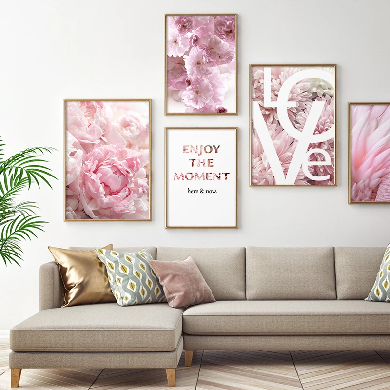 

Pink Peony Flower Feather Poster Nordic Style Fashion Quotes Wall Art Print Canvas Painting Modern Picture Girl Room Home Decor