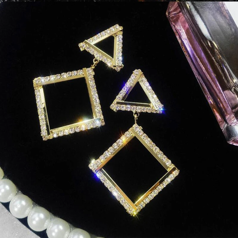 Женские серьги модные Геометрические Квадратные хрустальные с подвеской