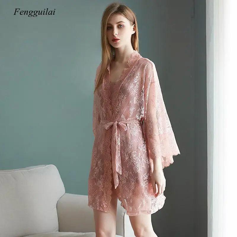 

Slik Women's Suspender Sexy Nightgown Two Pieces Set European and American Large Size Casual Lace Pajamas