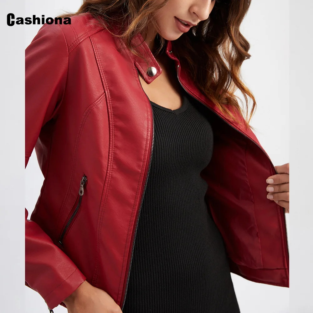 Enlarge Trendy 2021 Faux Pu Leather Jackets Women Spring Autumn Outerwear Pocket Zipper Coat Slim Fitted Jacket Red Black Femme Clothing