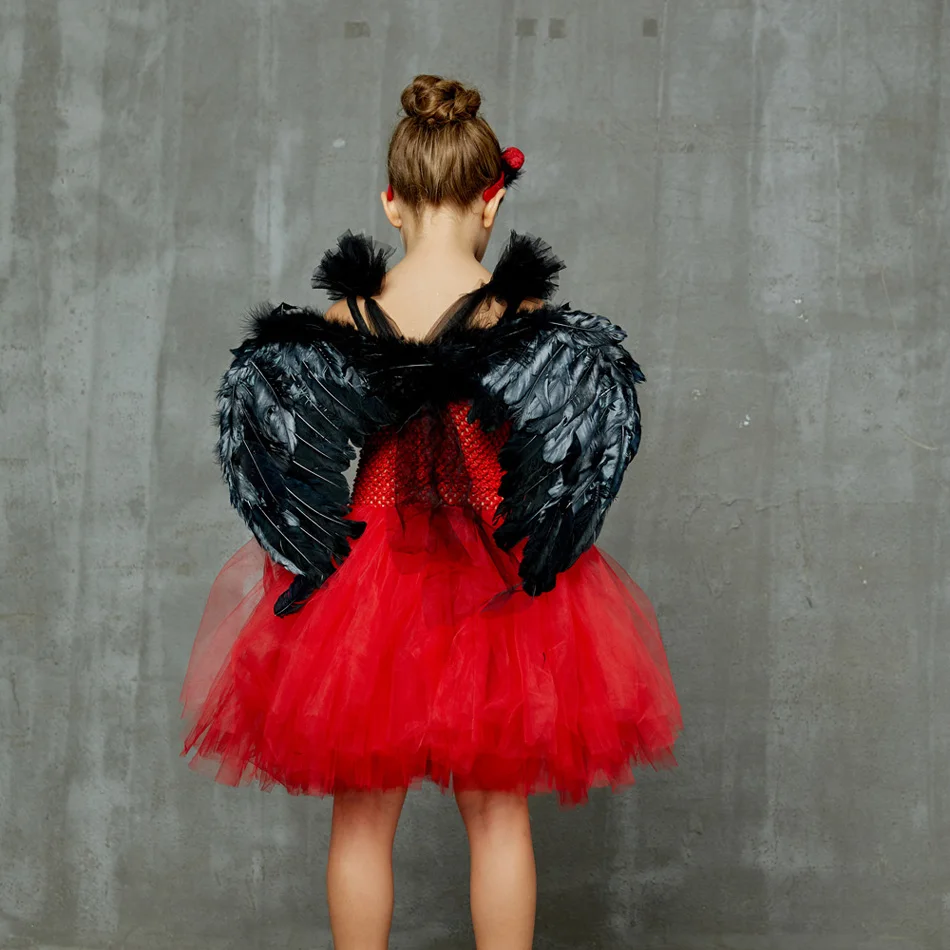 Halloween Costume Dress For Girls Baby Red Devil TUTU with Wing Fancy Dressing Up Girl Cosplay Outfits Ball Gown Photo Props |