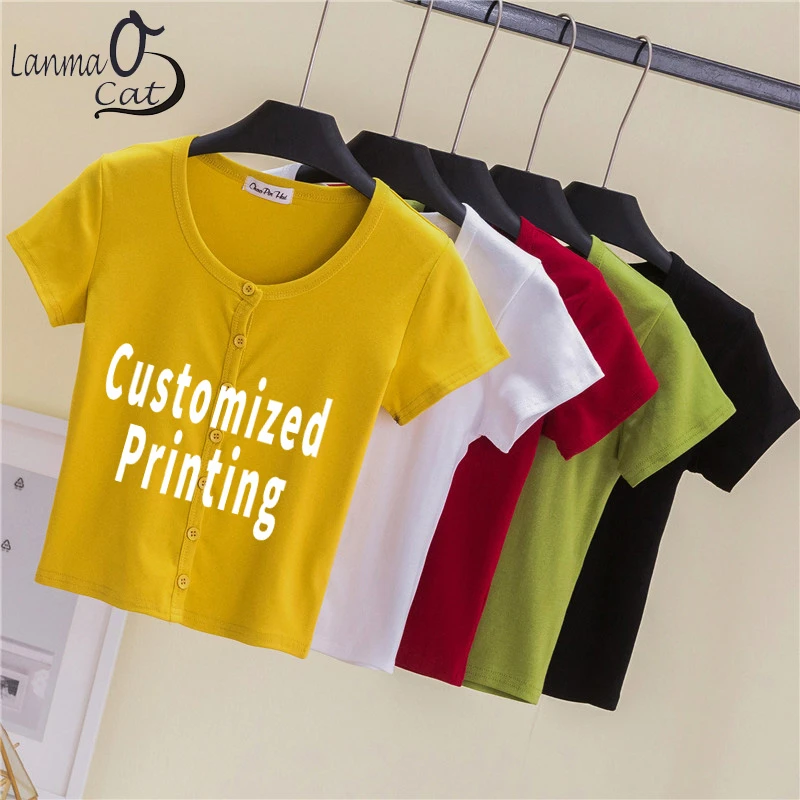 

Buttom T Shirts For Women Young Lady Custom Printing Crop Top Short Shirts Cotton Summer Clothing Sexy Tshirts