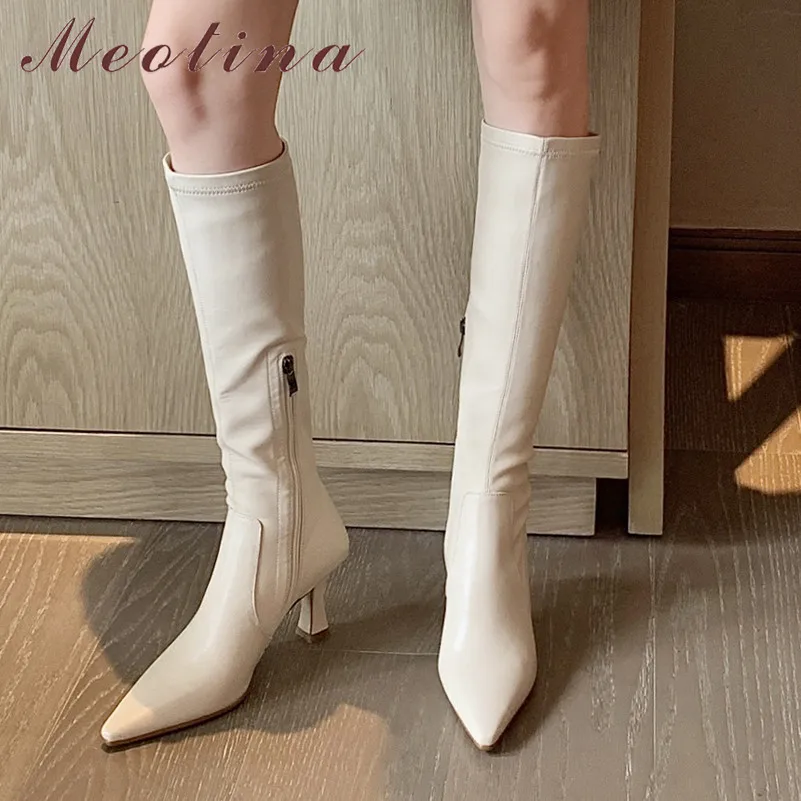 

Женские сапоги до колена Meotina, бежевые сапоги из натуральной кожи на высоком каблуке, с острым носком, на молнии, 33-40