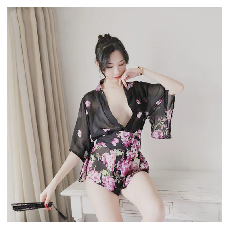 

Sexy underwear printed chiffon kimono bathrobe new style deep V breast role play bathrobe set