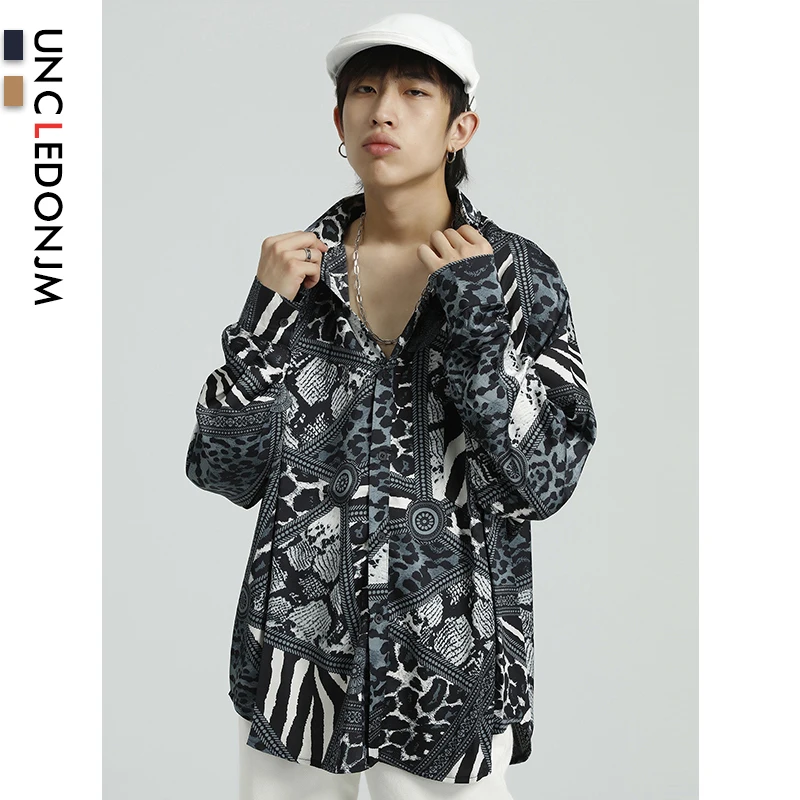 UNCLEDONJM Мужская Повседневная Свободная рубашка с отложным воротником и длинными