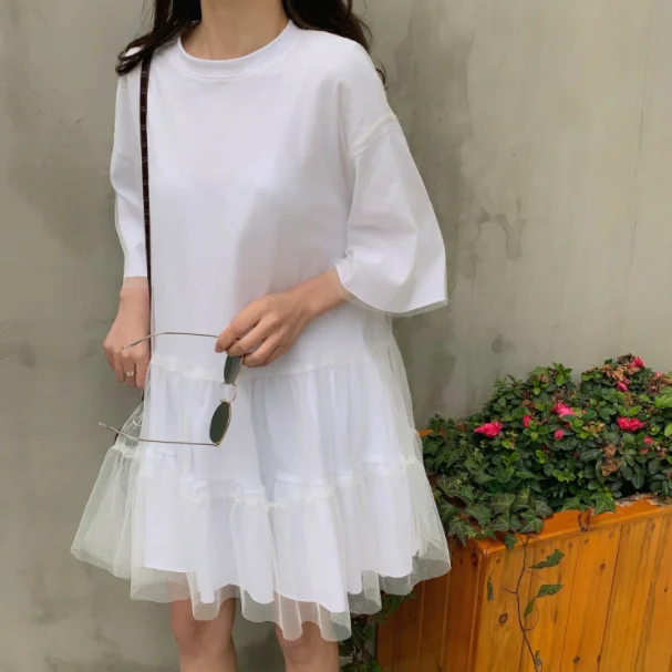 Платье футболка женское свободного покроя с рукавом до локтя и оборками|Женские