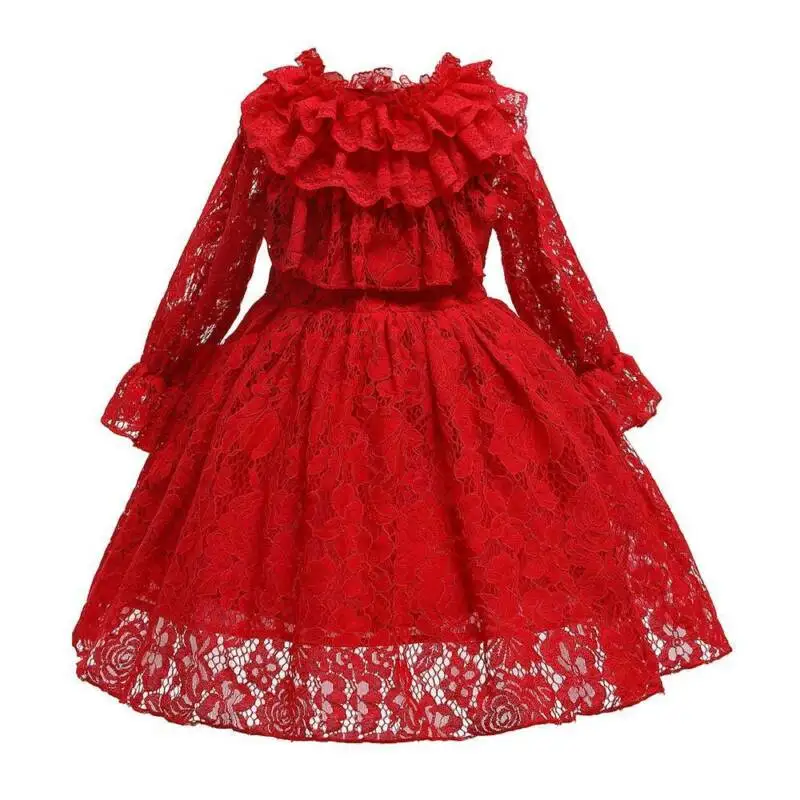

Girls Lace Dress Long Sleeve Hollow Out Solid Color Dresses Fold Design Red Princess Skirt Waist British Style