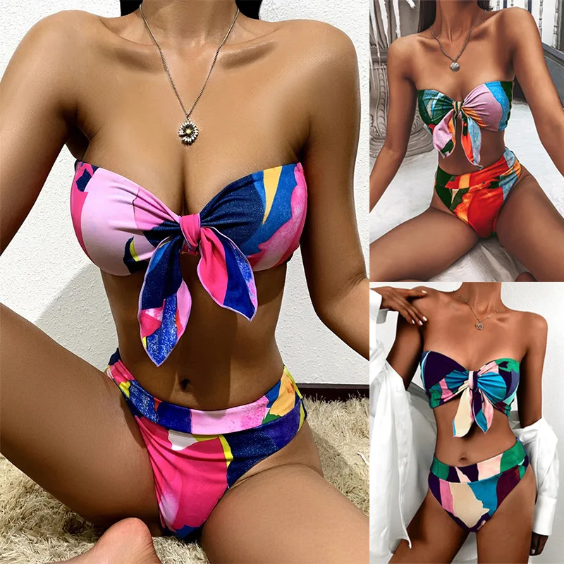 

2021 Swimsuit New Bikini Swimsuit Print Two-piece High Waist Swimsuit Tube Top Bow Bathing Suit Women Swimwear Women Bikini Set