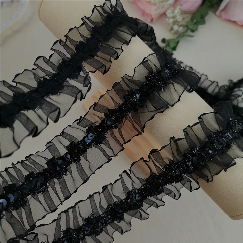 10 ярдов/лот 3-4 см в ширину черно-белый снег из газовой ткани с пайетками кружевное