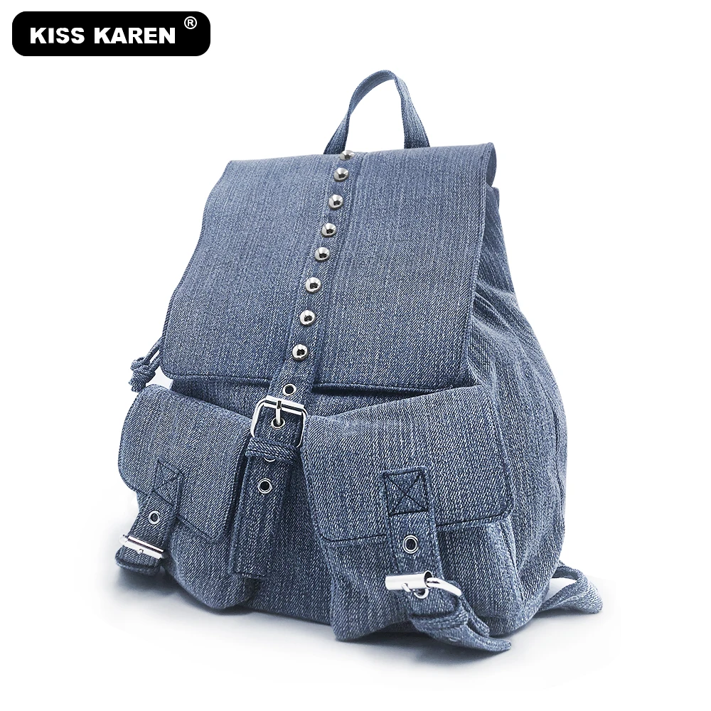 Denim Women's Backpacks Fashion Drawstring Backpack with Rivets Roomy Jeans Bags Casual Travel Backpacks