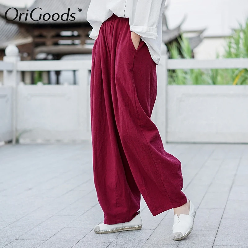 Оригинальные женские бриджи из хлопка и льна свободные брюки с эластичным поясом