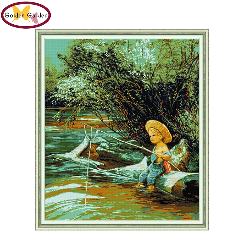 

GG Fishing Boy Cross Stitch 11CT 14CT Joy Sunday Kit Art Deco Patterns Embroidery Needlework Set Cross Stitch for Home Decor