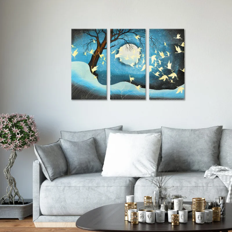 

Abstract Canvas Painting Birds Under Starry Sky Posters Print Landscape Wall Art Wall Picture for Living Room Home Decoration