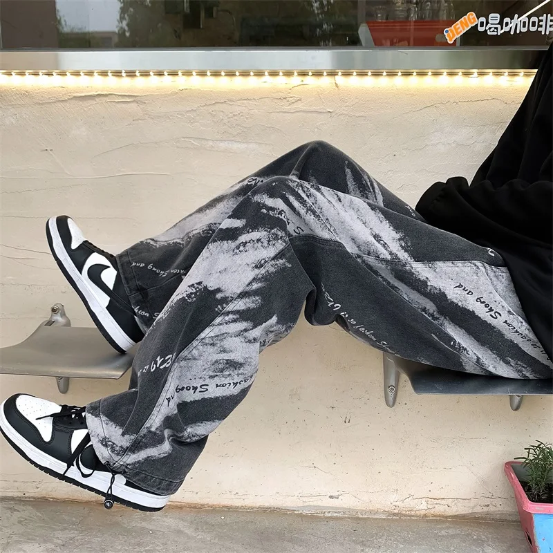 Mens Tie Dye Jeans Japanese Fashion Trends Distressed Clothing Teen Straight Leg Denim Pants Harajuku Casual Vintage Streetwear