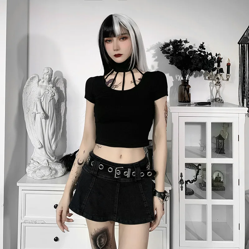 

Summer Sexy Hollow Out T Shirt Women Y2k Top Halter Short T Shirt Female Slim Top Dark Style Designer Tshirt Lady Clothes 2021