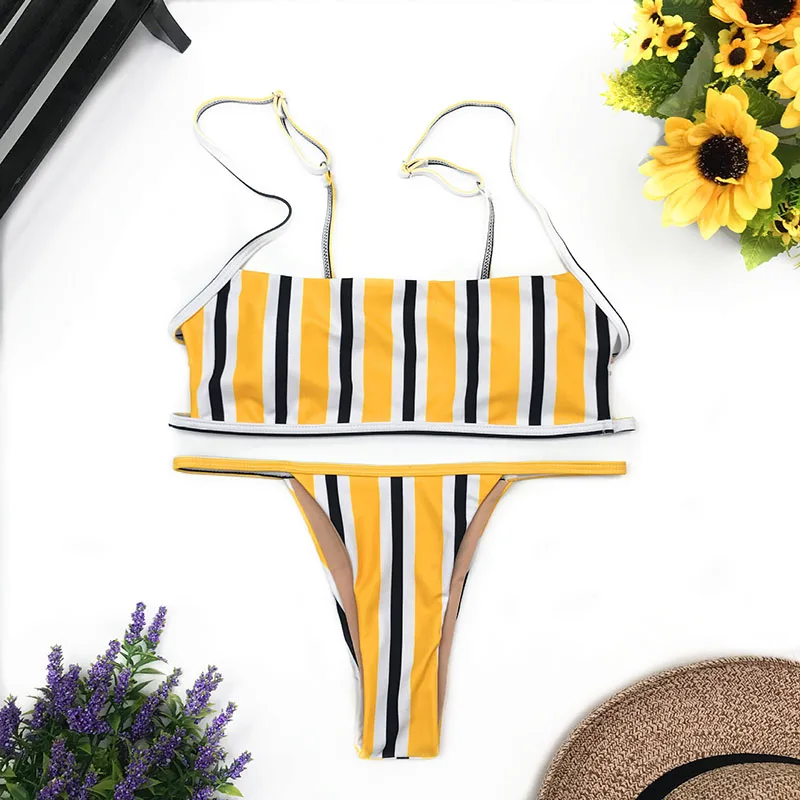 

Sexy Solid Two-Piece Bikini Set Female Fashion Low Waisted Mini Thong Swimming Suit 2020 New Striped Bandeau Summer Beach-Wear