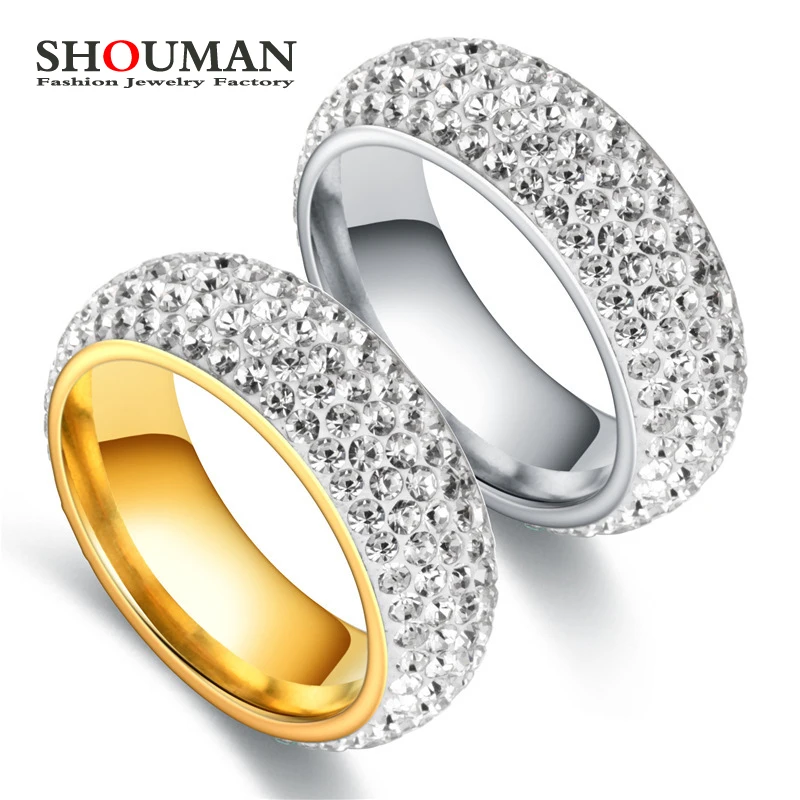 

SHOUMAN Big Size 6-13 Fashion Unique Titanium Steel 5 Row Clear Crystal Engagement Ring Gold Color for Women Jewelry Gift