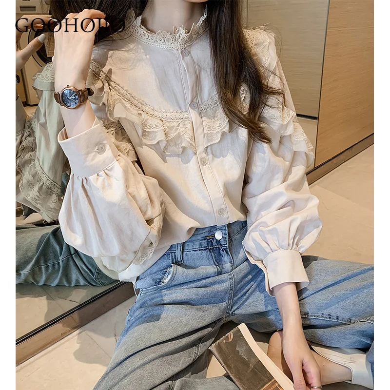 

GOOHOJIO 2021 весенне-осенняя темпераментная рубашка, женская рубашка в стиле ретро с рукавами-фонариками для женщин, модные элегантные женские б...
