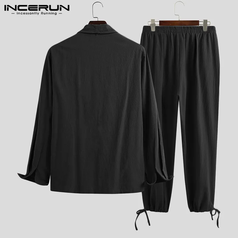 

INCERUN Chinese Style Men Sets Solid Cotton Long Sleeve Open Stitch Shirt Elastic Waist Pants Vintage Casual Mens Suits 2 Pieces