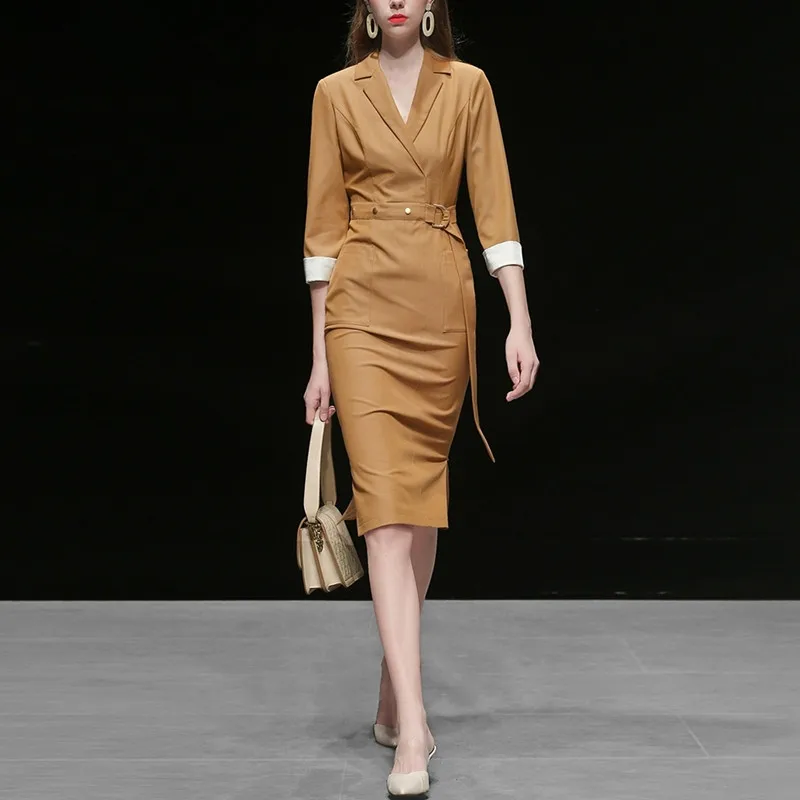 

Women Elegant Blazer Trench Dress High Quality Casual Long Mid-calf Streetwear Slim Dresses 2020 New Autumn