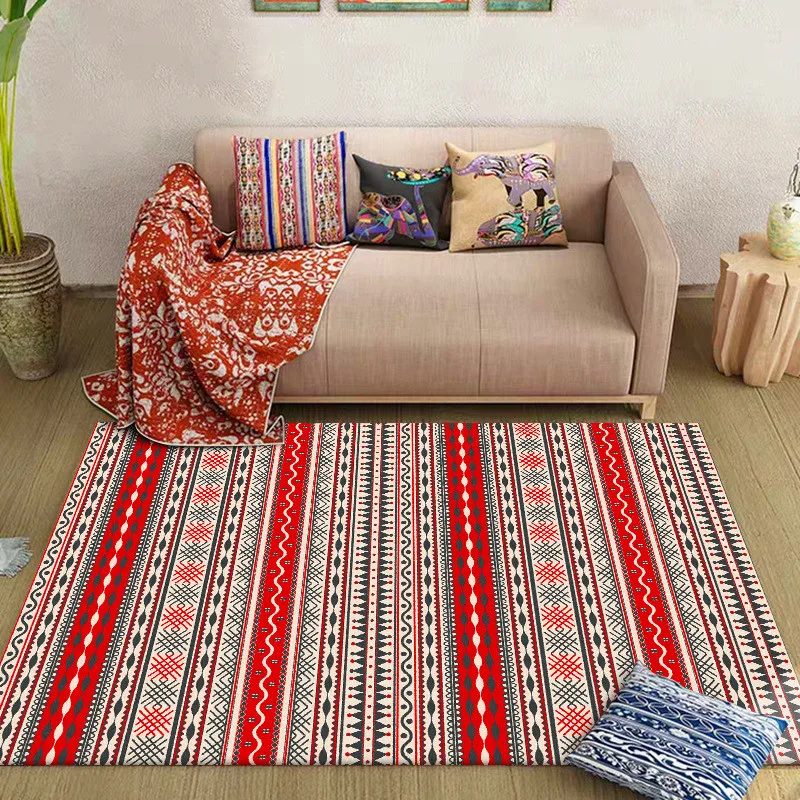 

Bohemian-Style Rug Red Geometric Striped Ethnic-Style Carpet Living Room Bedroom Bed Blanket Bathroom Kitchen Floor Mat