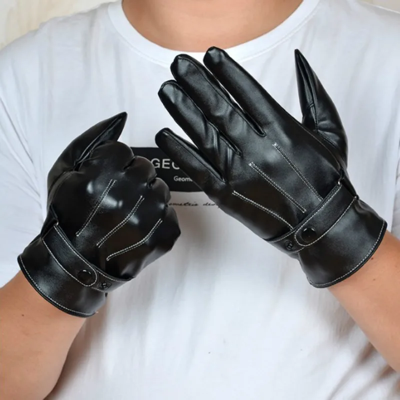 Мужские кожаные перчатки с сенсорным экраном Осень-зима 2020 черные из