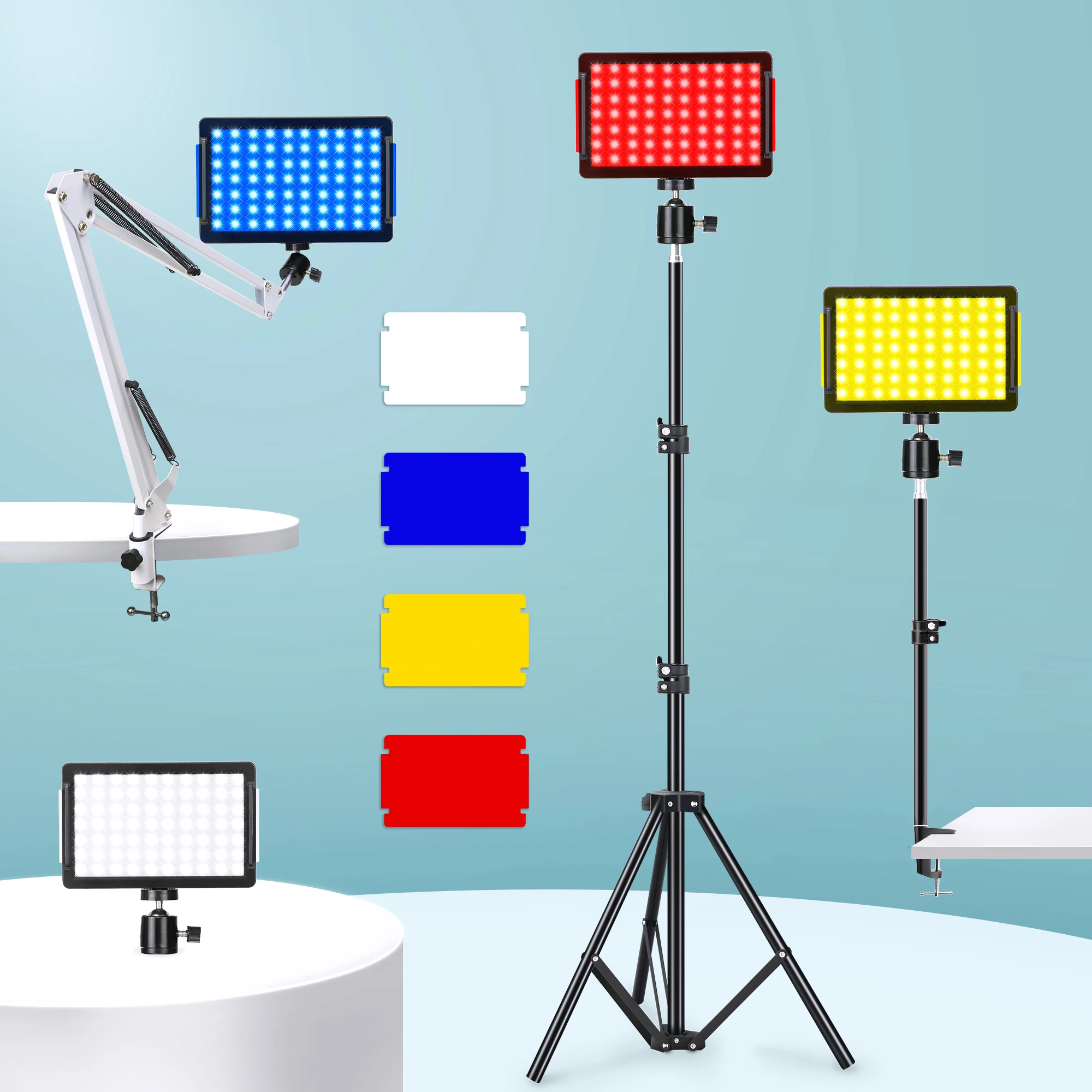 

5600K LED Video Light With Tripod Stand Four-color Card Dimmable Portable Mini Panel Photography Lamp For Youtube Live Streaming