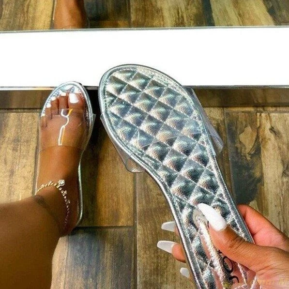 

2021 new women summer outdoor beach sandals home slippers rhombus transparent PVC flat bottom all-match fashionable slippers