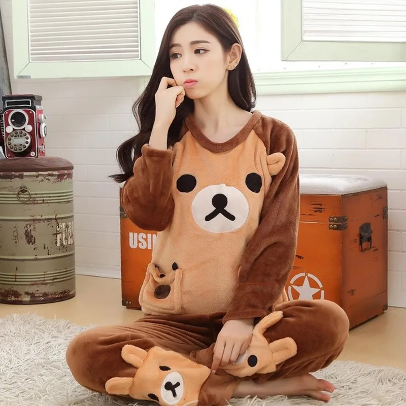 2PCS Autumn Winter Stripe Flannet Coral Velvet Women Night Sleepwear Soft Pajamas Homewear Set