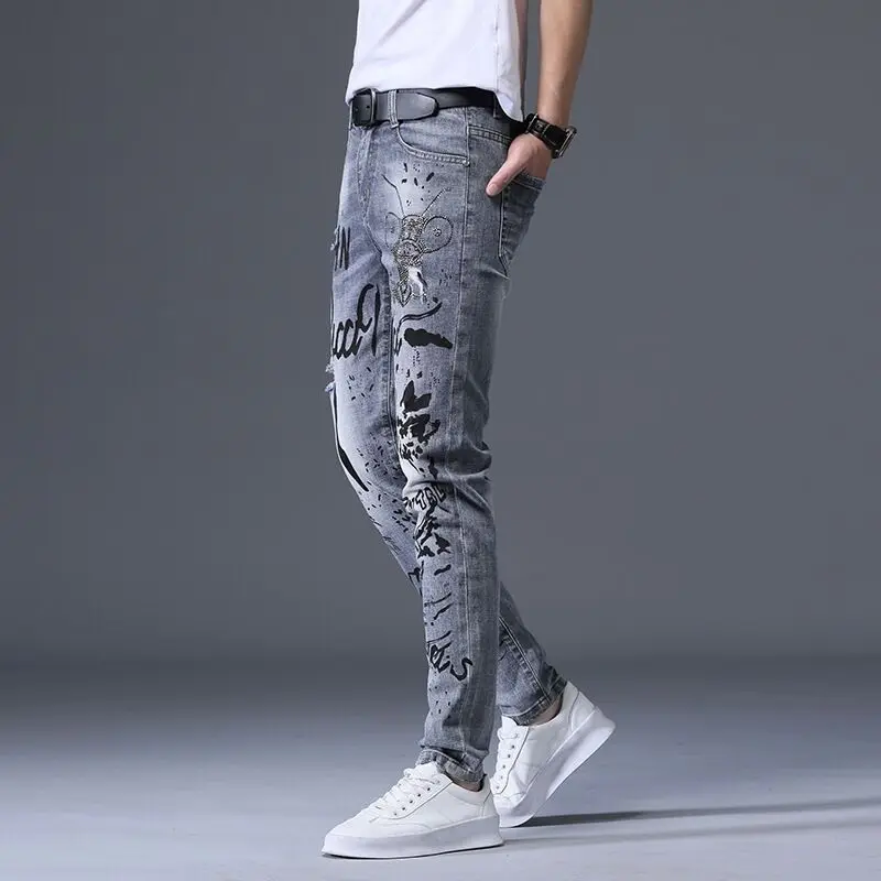 

New Men's Tide Brand Stretch Embroidery Self-cultivation Trend Printing Casual Personality Jeans