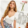 SHEIN белый однотонный глубокий v-образный вырез сексуальный женский эластичный Боди женские топы Летние Элегантные обтягивающие боди с пышными рукавами