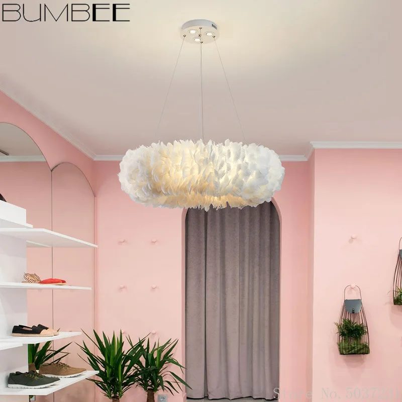 Скандинавская подвесная лампа с перьями романтическая теплая люстра для спальни