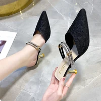 baotou sequined half drag womens sandals 2021 spring and summer models with pointed toe temperament all match stiletto heels