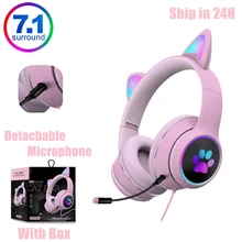 Virtual 7.1 Wired Cat Ear Gaming Headset With Pluggable Noise Reduction dual Microphone RGB lighting cute girl gaming Headphones