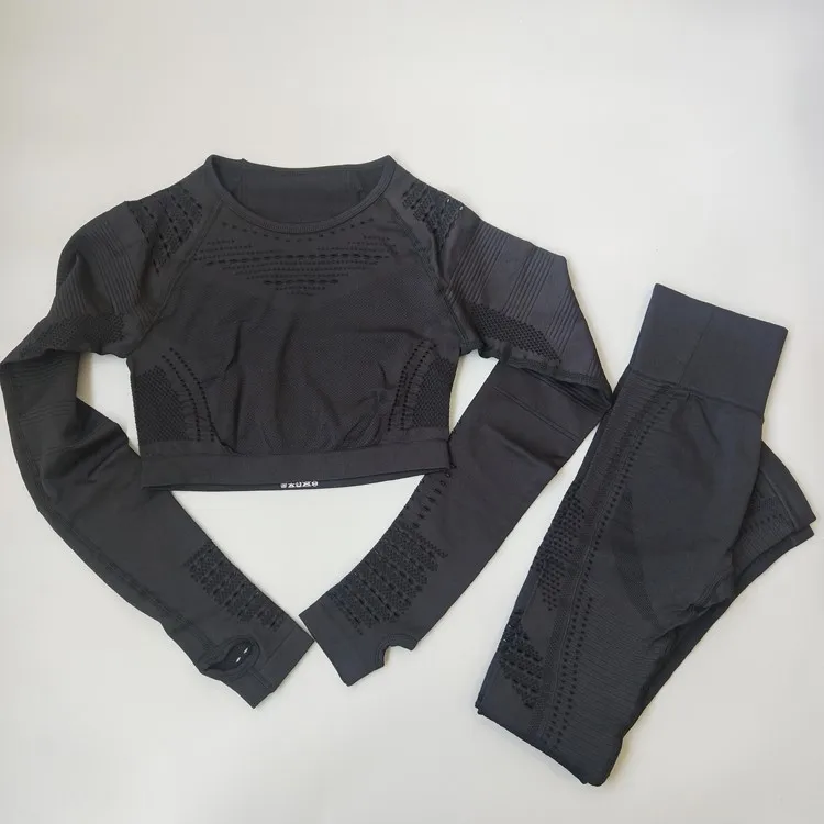 Комплект для йоги открытые бесшовные леггинсы с длинным рукавом + длинные штаны