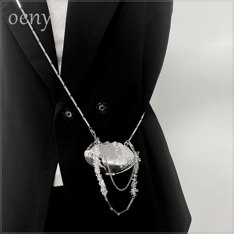 

Oeny Niche Decoration Crossbody Silver Metal Accessories Shell Lipstick Diagonal Bag Crystal Waist Body Chain,Suit,for Women