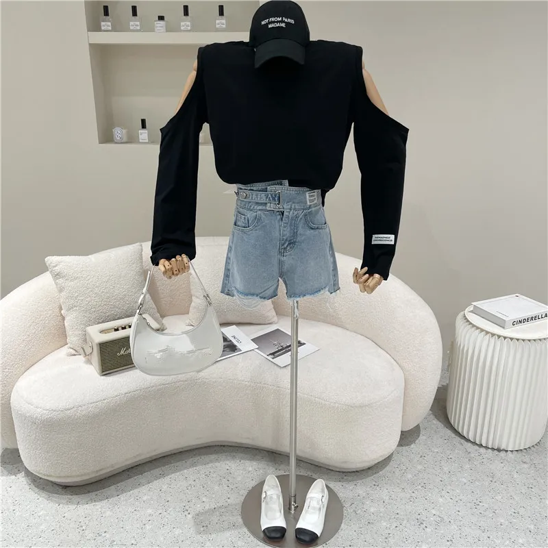 

Women's Spring Summer 2021 Fashion Pure color loose versatile hollow out Design top Long sleeve Off Shoulder T-shirt