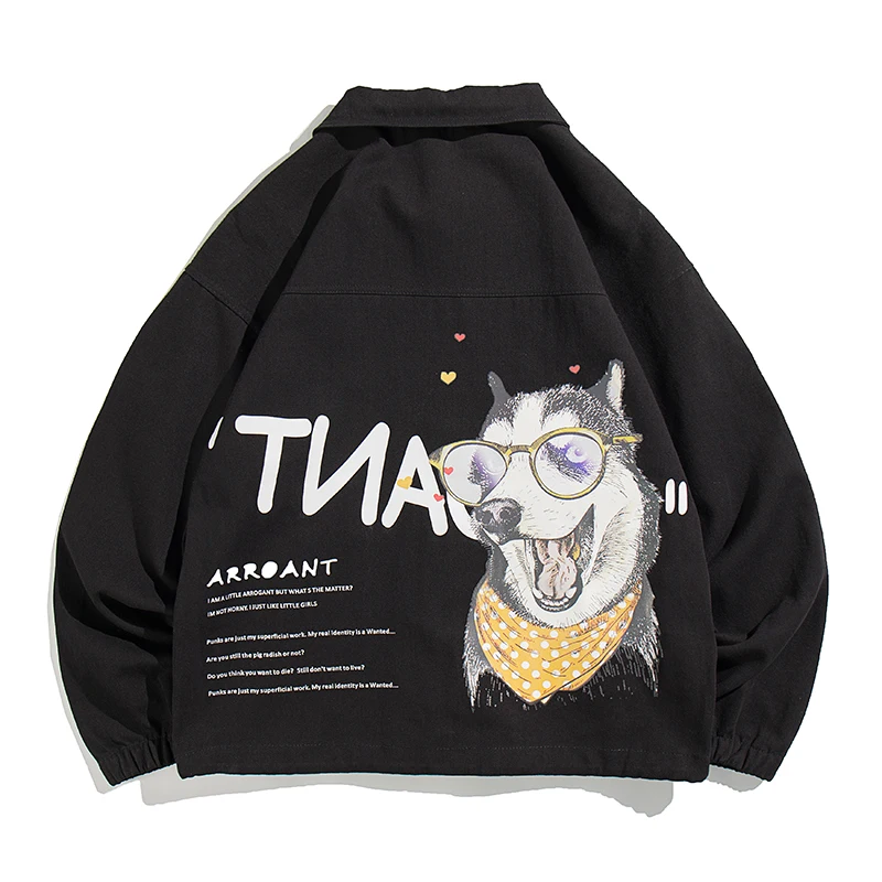 

2021 Spring New Oversized Cargo Jacket Cartoon Husky Print Plus Size Couple Clothes Korean Hip Hop Coat Men Clothing Streetwear