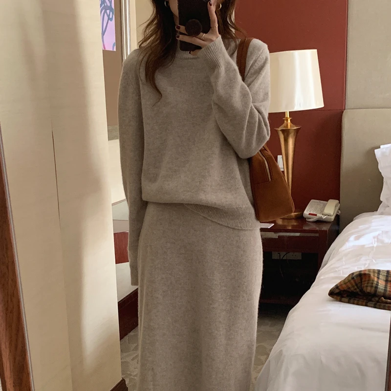 2021 осенний Элегантный женский плотный теплый свободный трикотажный комплект из 2