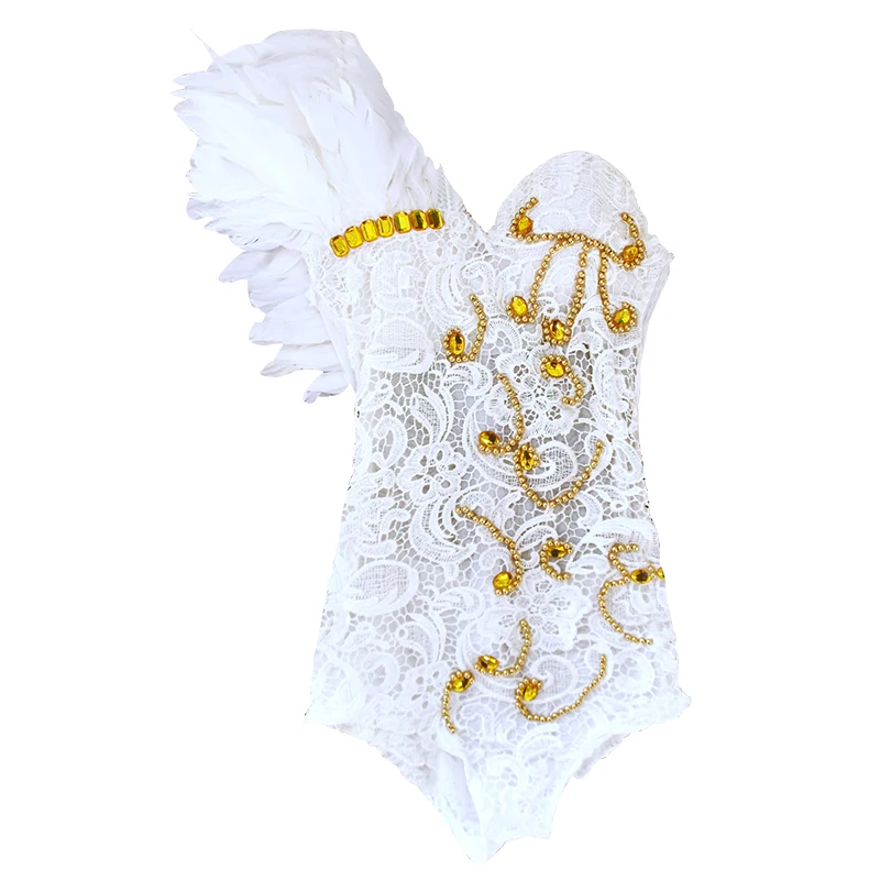 

Stage Costumes Lace Feather Jumpsuit Nightclub Singer Bodysuit Dj Ds Festival Outfit Pole Dance Clothing Women Rave Wear DT1082