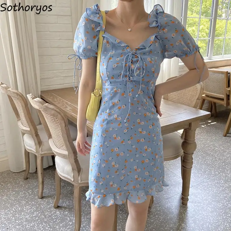 

Платье для женщин Регулируемый, на шнуровке, с цветочным принтом и оборками платье с рукавами-фонариками в стиле преппи Стиль женские шикар...