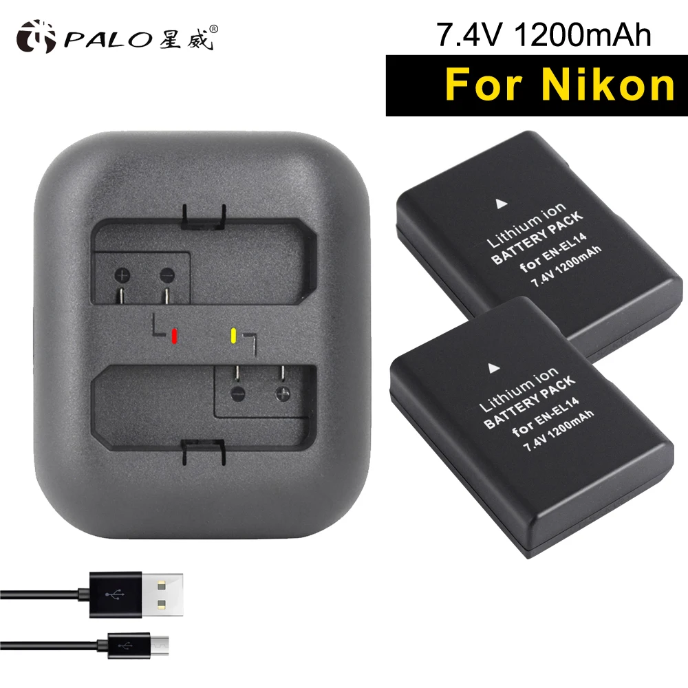 PALO 2 шт. батарея для камеры EN-EL14 7 4 в цифровой bateria en el14 + USB двойной слот зарядное