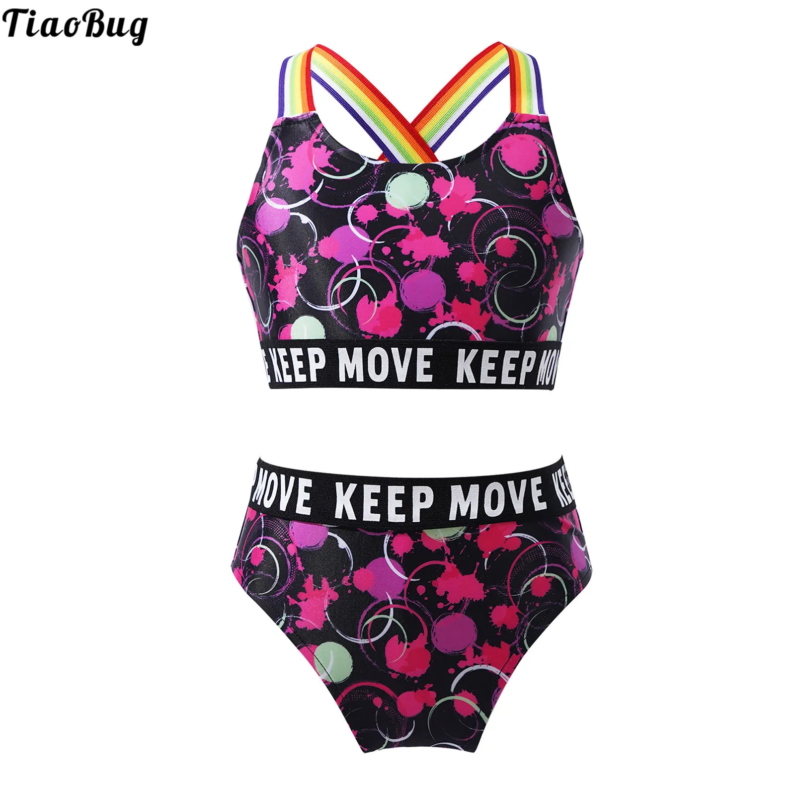 

TiaoBug 2Pcs Kids Girls Swimwear Straps Open Back Print Crop Tops And Briefs Set Beach Pool Swimming Bathing Bikini Swimsuit