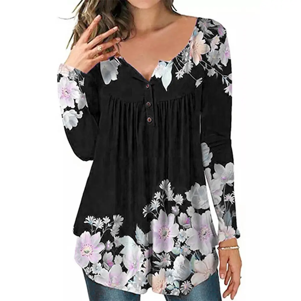 

Women's Tops and Blouse Long Sleeve Blusas Ladies New Fashion Clothing Floral Print Round Neck Button Pleated Tunic Shirts