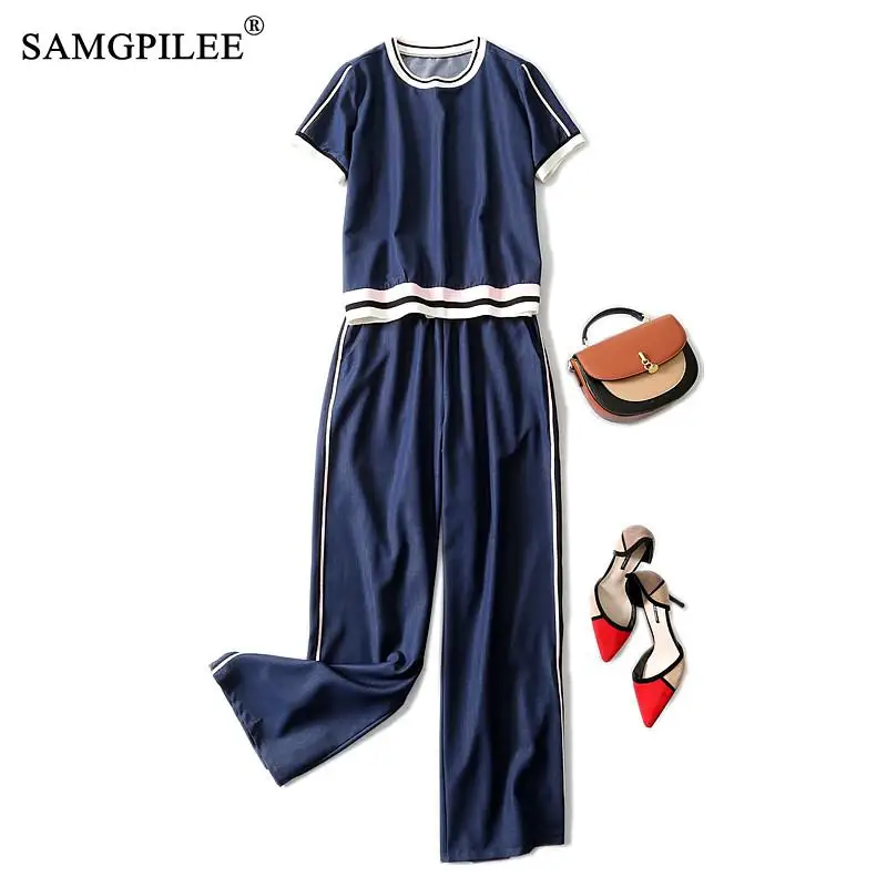 

Summer Two Piece Sets For Women 2021 New Short Sleeve Office Lady Pullover O-neck Elastic Waist Ankle-length Striped Pant Suits