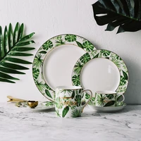 green plant pattern ceramic cup and dish metal porcelain tableware set